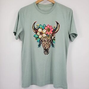 Lulu Mac Graphic T-Shirt Women Large Sage Green Bull Skull Floral Leopard Print